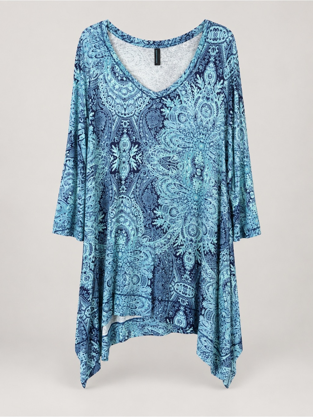 Cynthia Rowley Blue Paisley V-Neck Handkerchief Hem Tunic